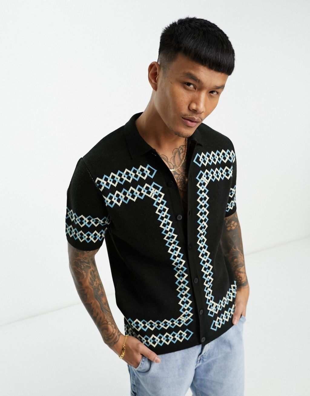 

Синяя трикотажная рубашка с каймой ASOS DESIGN