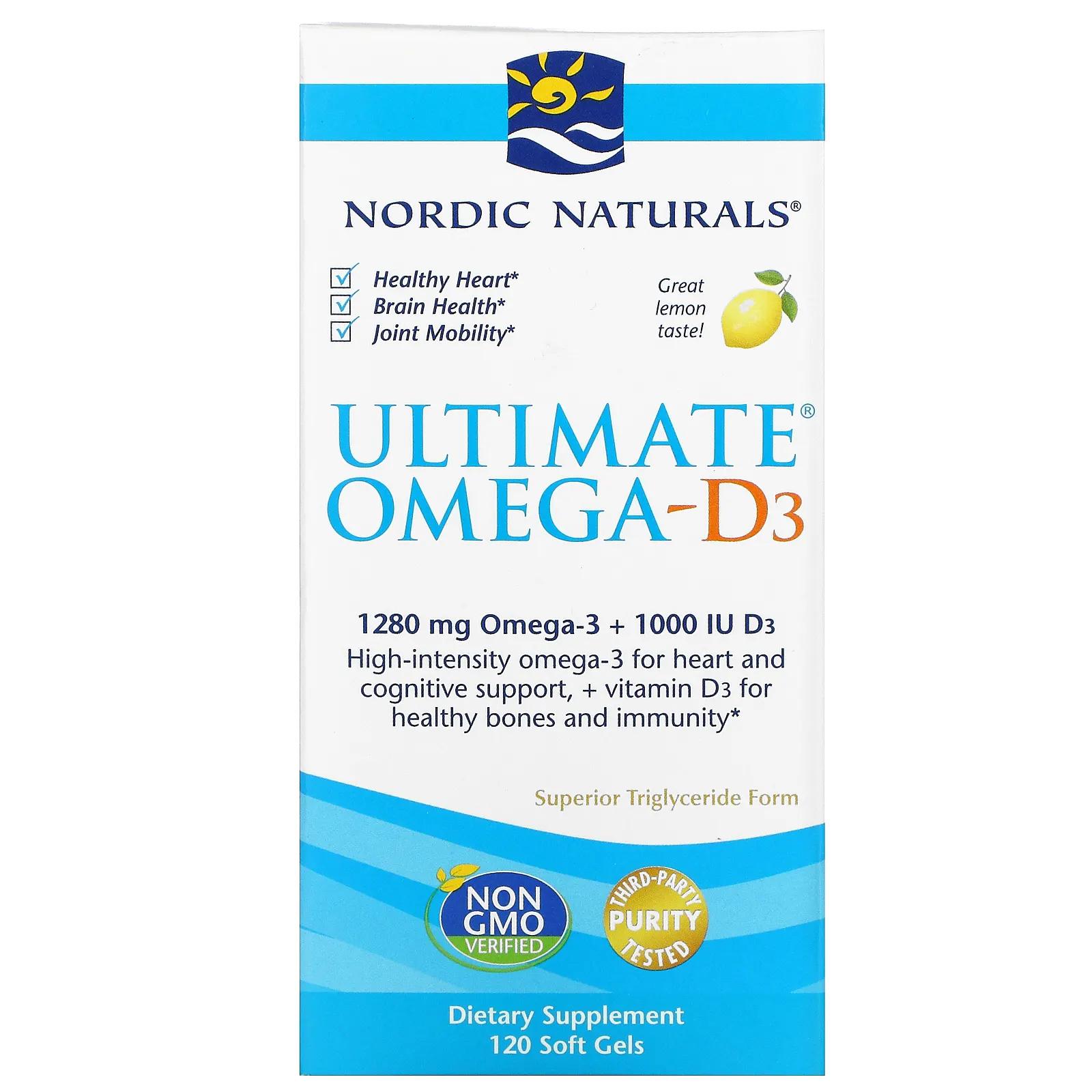 Nordic Naturals Ultimate Omega-D3 с лимоном 1000 мг 120 гелевых капсул nordic naturals prodha 1000 добавка с аминокислотами с клубничным вкусом 1000 мг 120 капсул