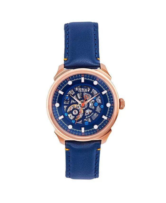 

Мужские автоматические часы Weston со скелетонизированным кожаным ремешком - розовое золото/синий Reign, мультиколор