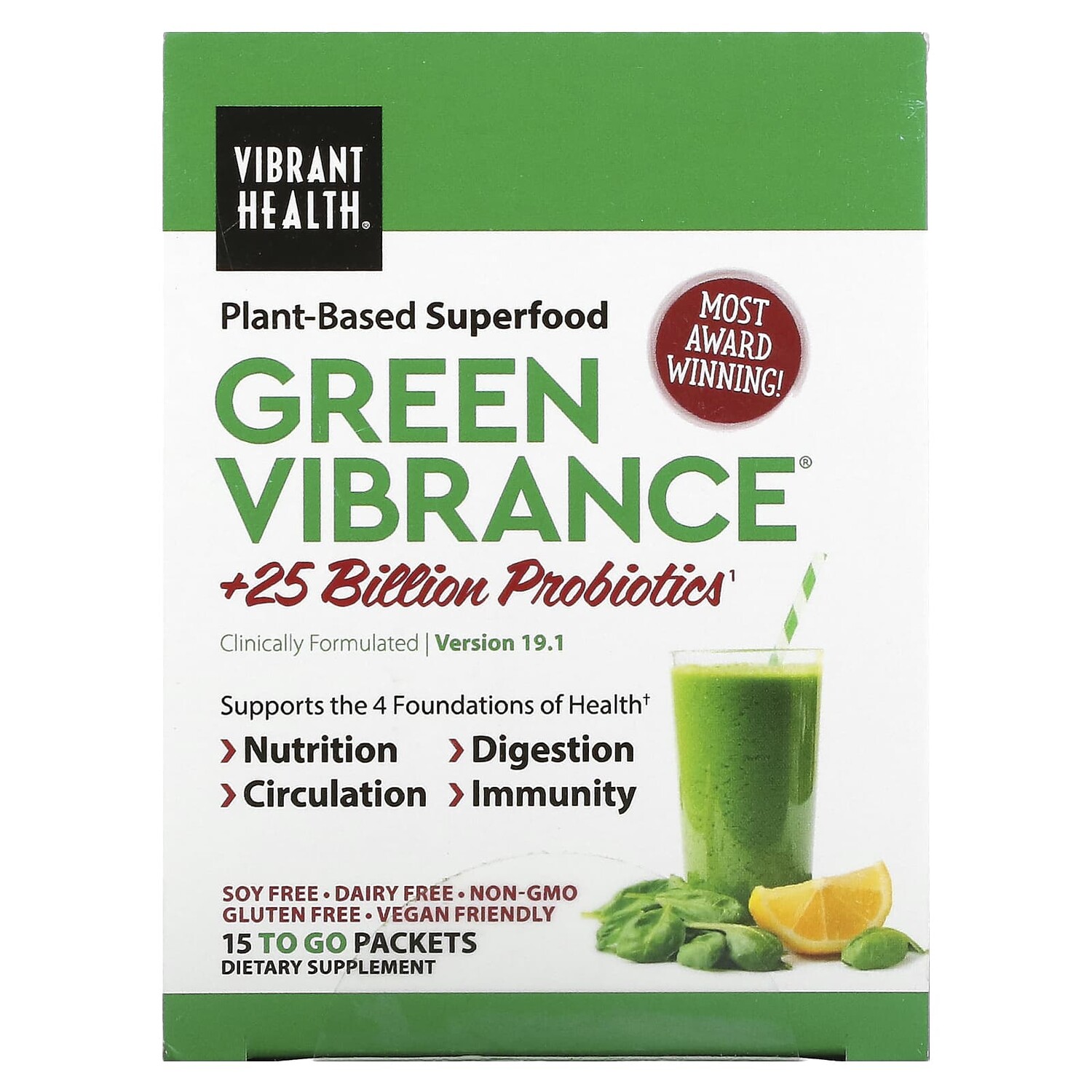 

Green Vibrance +25 млрд пробиотиков, версия 19.0, 15 пакетиков, 168,9 г (5,96 унции), Vibrant Health