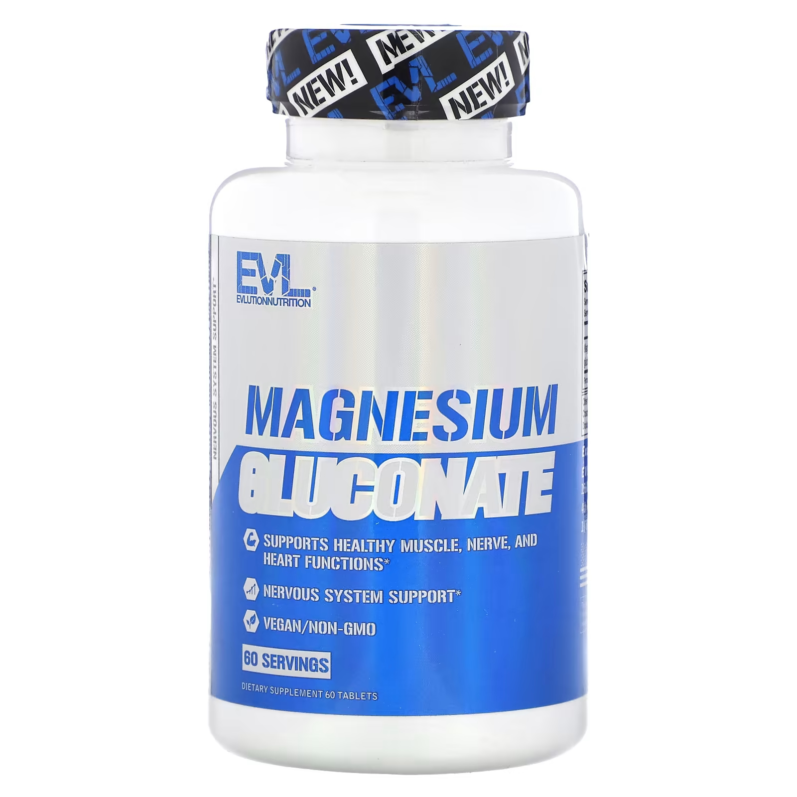 Глюконат магния EVLution Nutrition, 60 таблеток минералы для спортивного питания калий 99мг solaray potassium 99 100 капсул для сердца нервной системы мышц