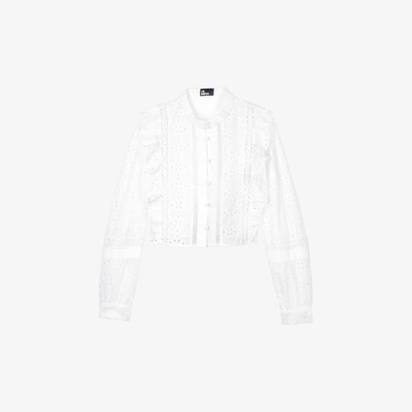 

Укороченная хлопковая рубашка с длинными рукавами и оборками The Kooples, белый