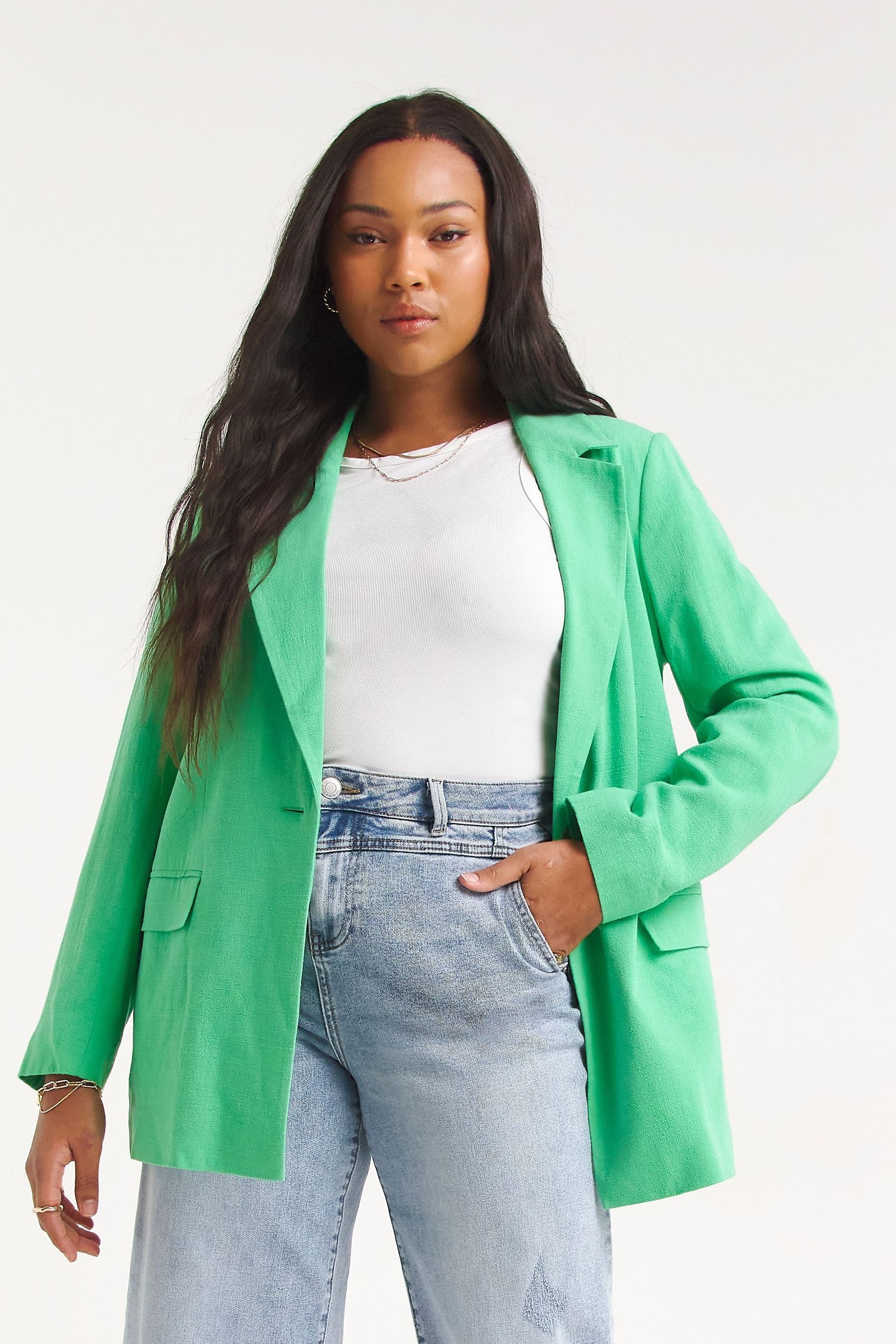 Зелёный двубортный льняной пиджак Simply Be, зеленый фото