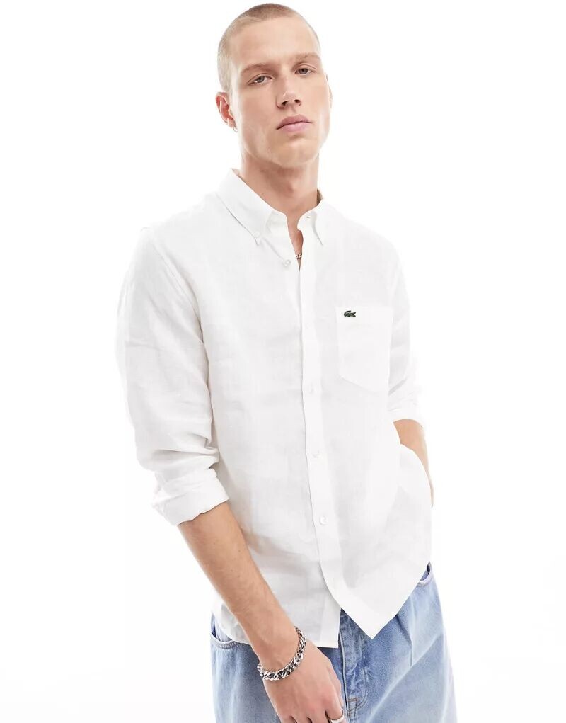

Белая льняная рубашка с длинными рукавами Lacoste