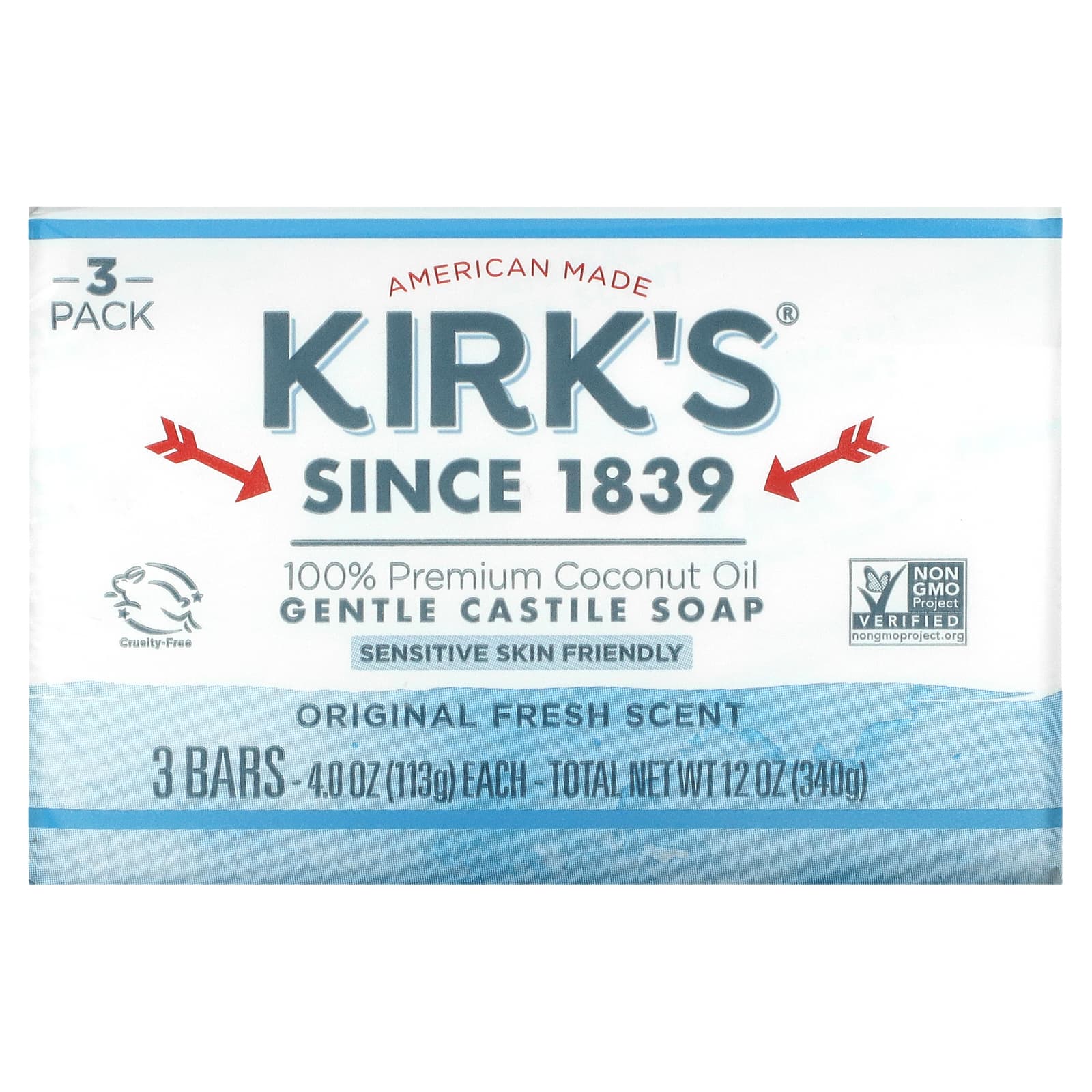 Kirk's Gentle Castile Soap Bar Original Fresh Scent 3 Bars 4 oz (113 g) Each