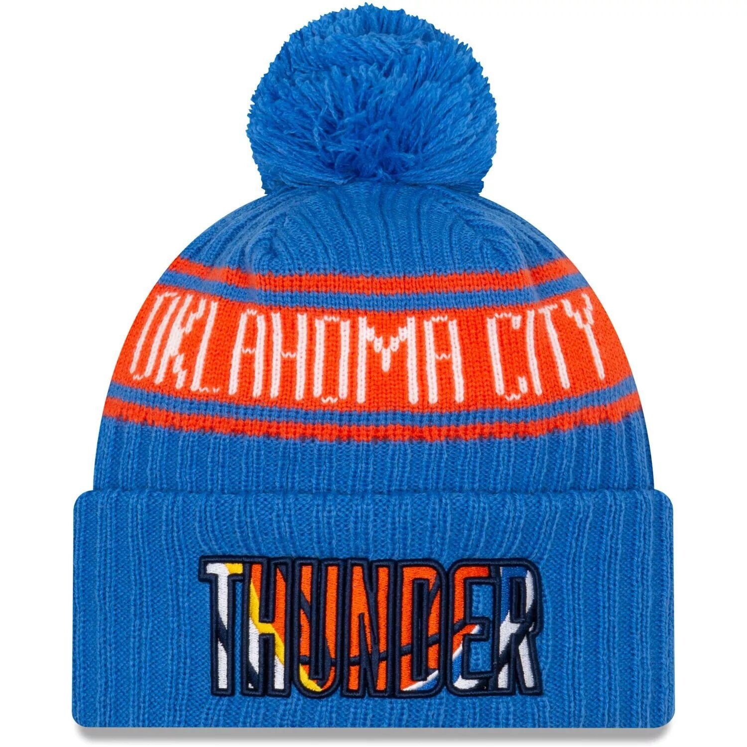 

Мужская вязаная шапка с манжетами и помпоном New Era Royal Oklahoma City Thunder 2021 NBA Draft