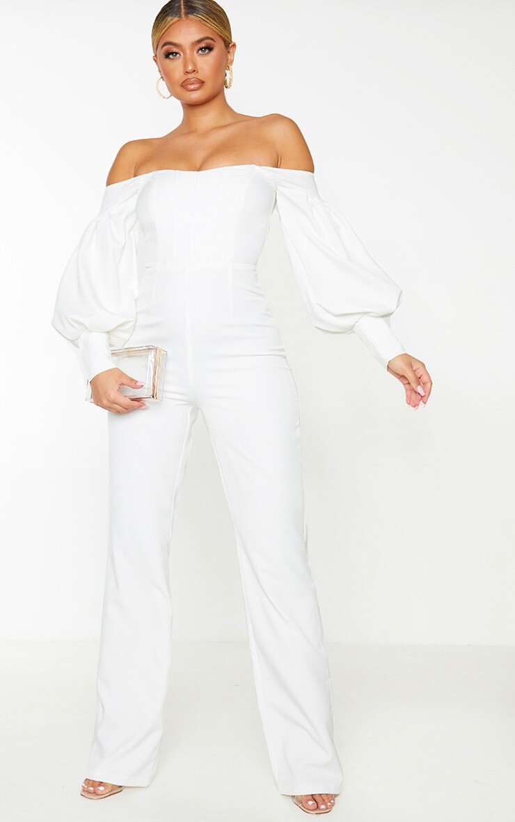 

PrettyLittleThing Белый комбинезон с корсетом и открытыми рукавами-фонариками