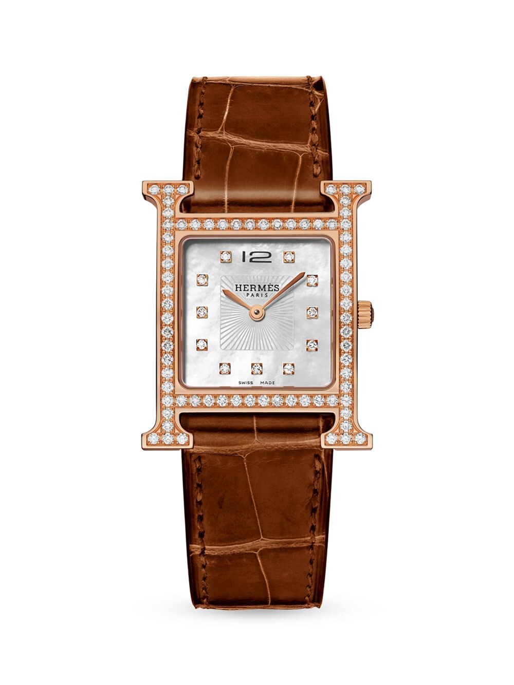 

Часы Heure H Diamond 30 MM из розового золота 18 карат с ремешком из кожи аллигатора HERMÈS, золотой