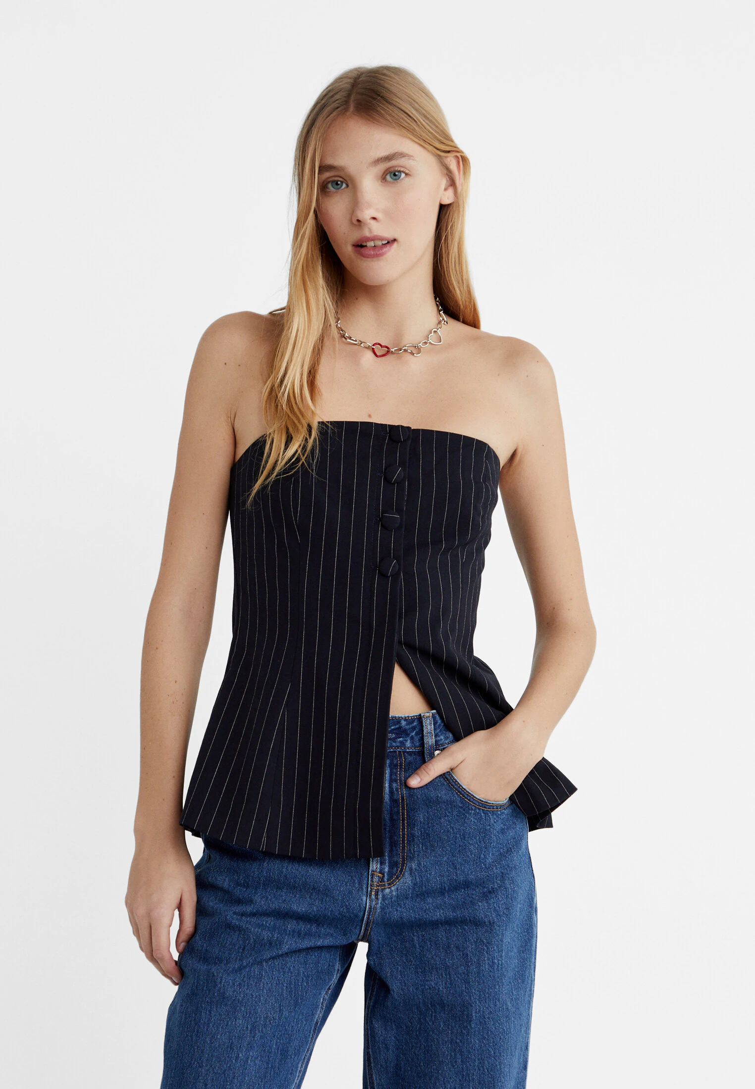 

Полосатый топ без бретелек Stradivarius, синий