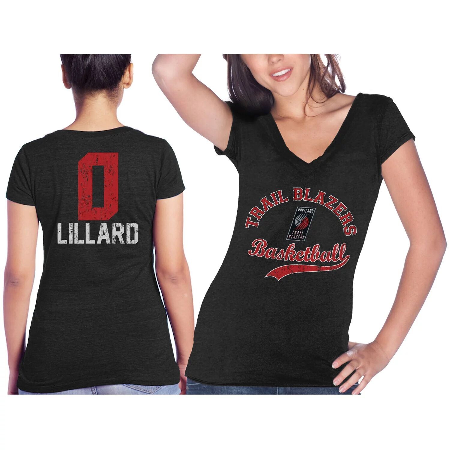 

Женские брюки Majestic Threads Damian Lillard Black Portland Trail Blazers, футболка Tri-Blend с v-образным вырезом, имя и номер Majestic