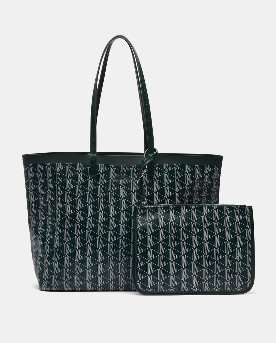 цена Зеленая сумка-шоппер из ламинированного хлопка с контрастным принтом-логотипом Lacoste, зеленый