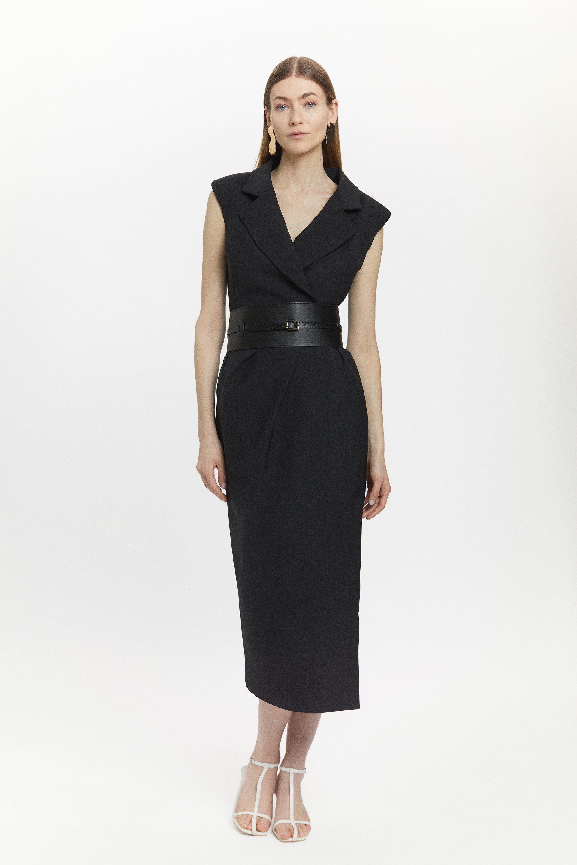 Эффектное платье миди из смесовой шерсти с поясом Karen Millen, черный