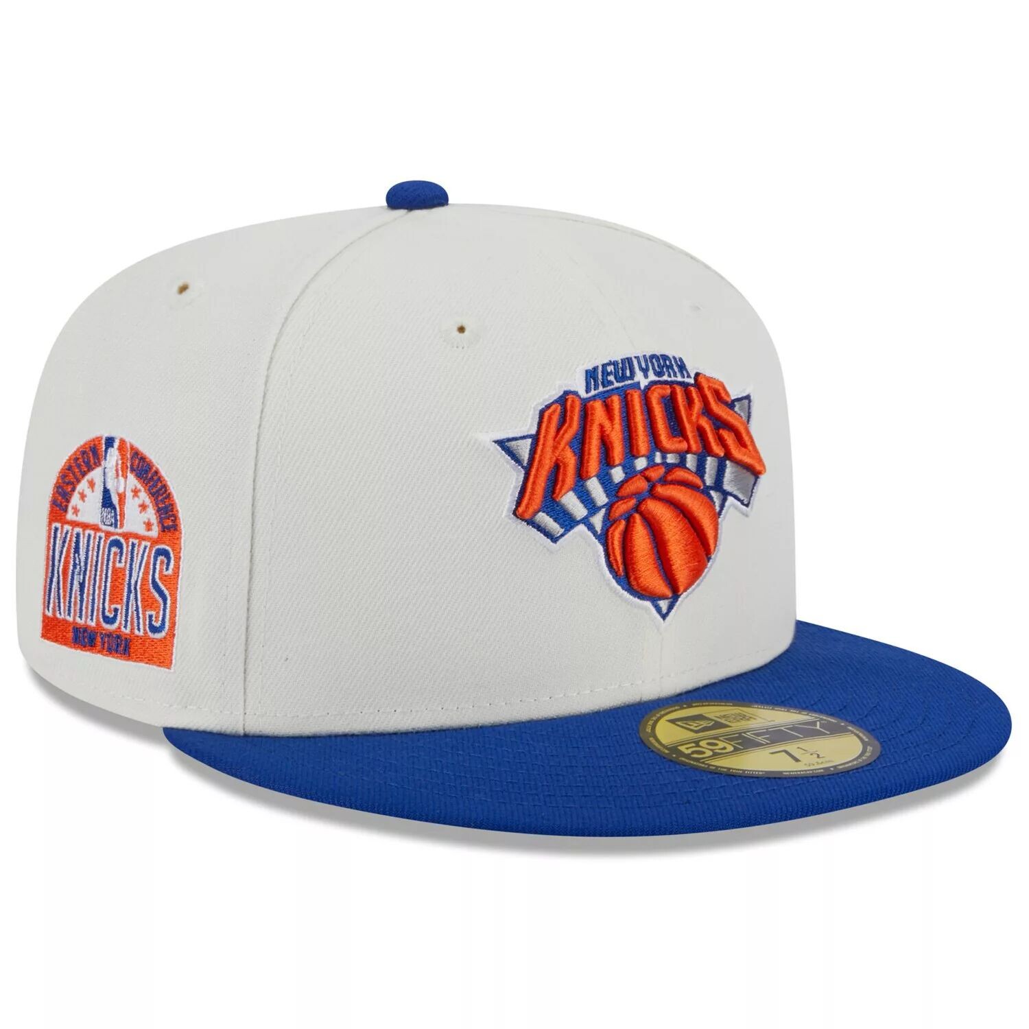 

Мужская кепка New Era кремового/синего цвета с нашивкой на боку New York Knicks Retro City Conference 59FIFTY