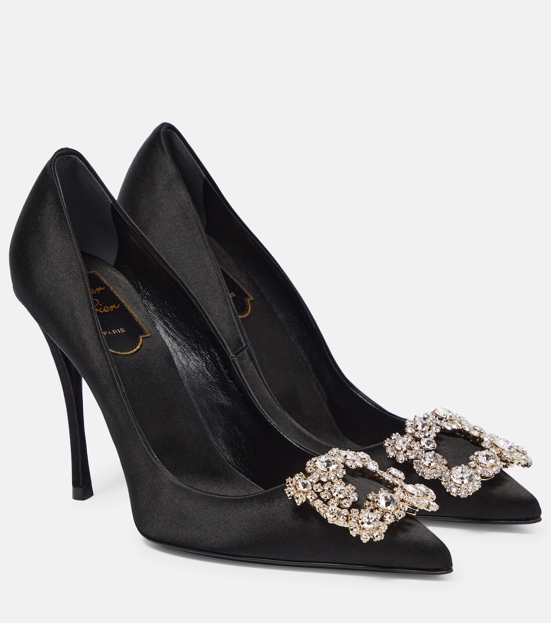 

Атласные туфли-лодочки с цветочными стразами Roger Vivier, черный