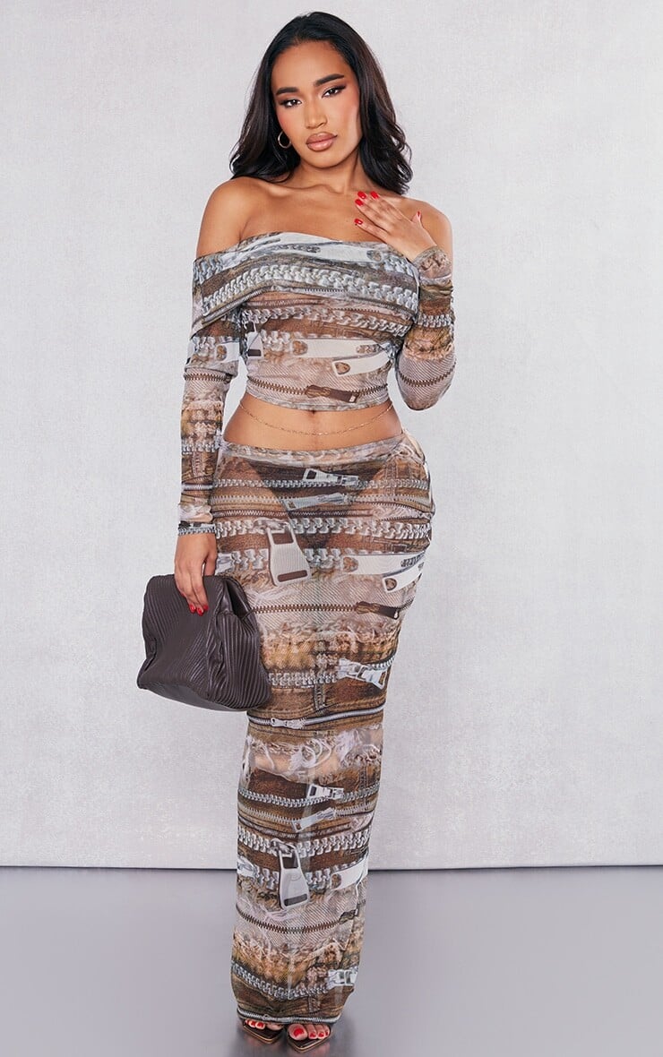 

PrettyLittleThing Коричневая джинсовая сетчатая юбка на молнии с низкой посадкой