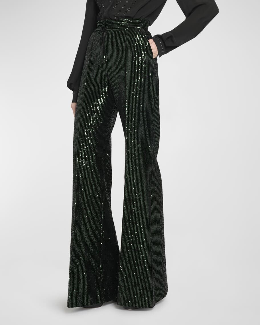 

Бархатные расклешенные брюки в тонкую полоску с пайетками Elie Saab