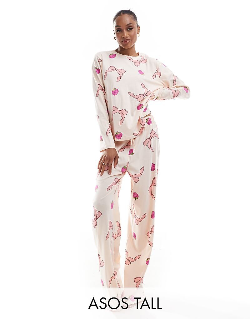 

Розовая пижама с бантом и фруктами ASOS DESIGN Tall: топ с длинными рукавами и брюки