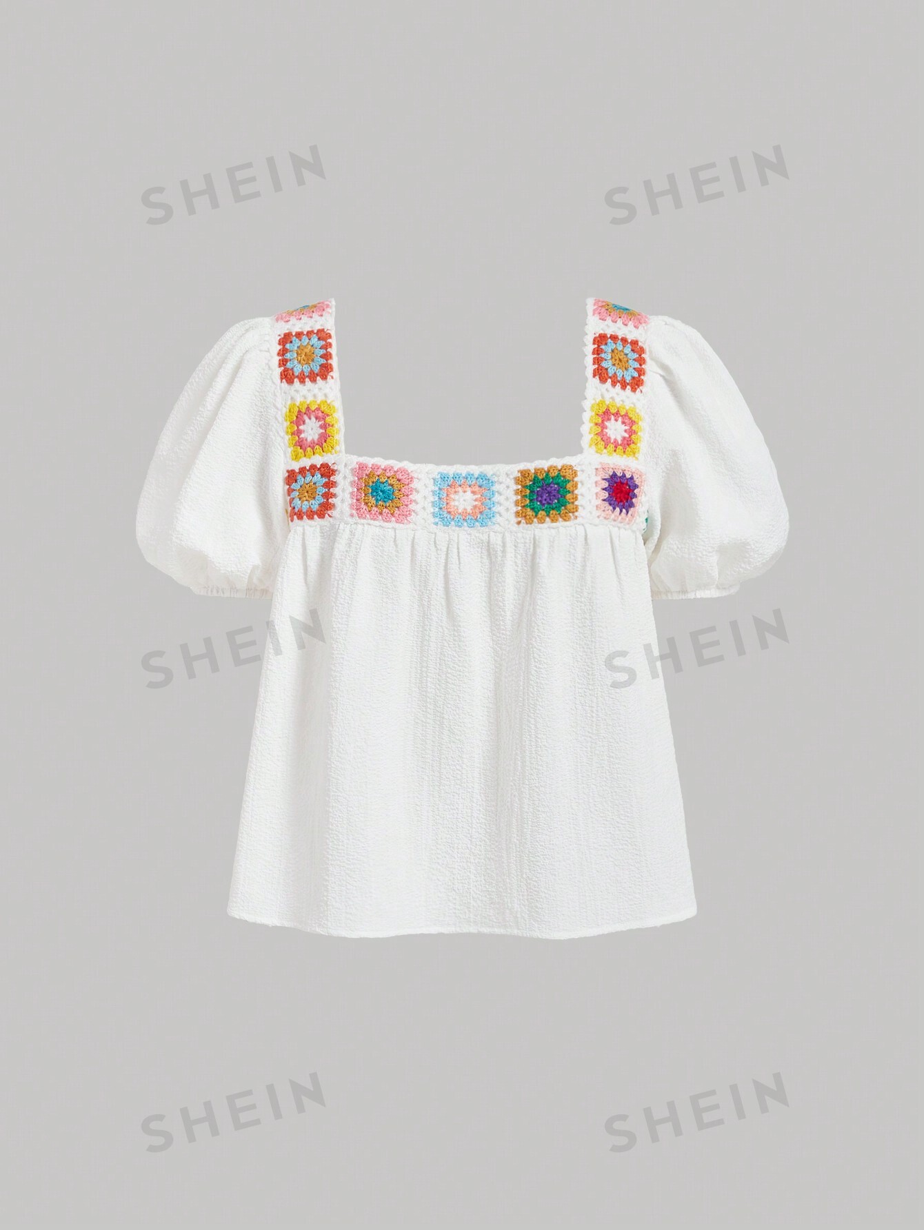 SHEIN MOD Женская лоскутная рубашка с пышными рукавами, связанная крючком, белый