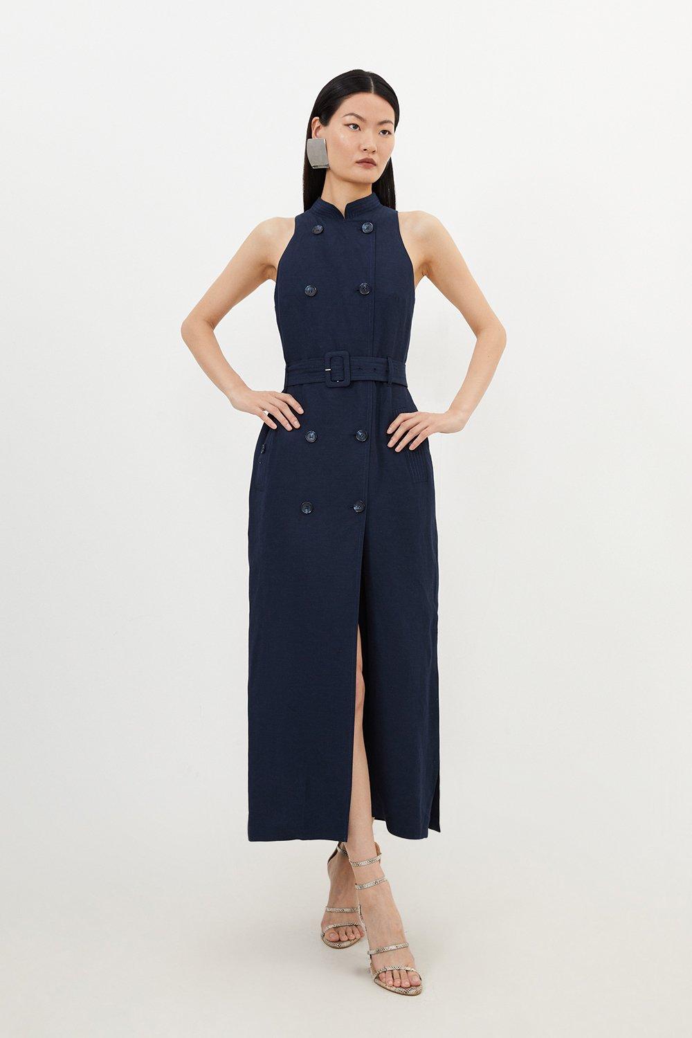 Сшитое на заказ двубортное льняное платье Petite премиум-класса с поясом Karen Millen, темно-синий