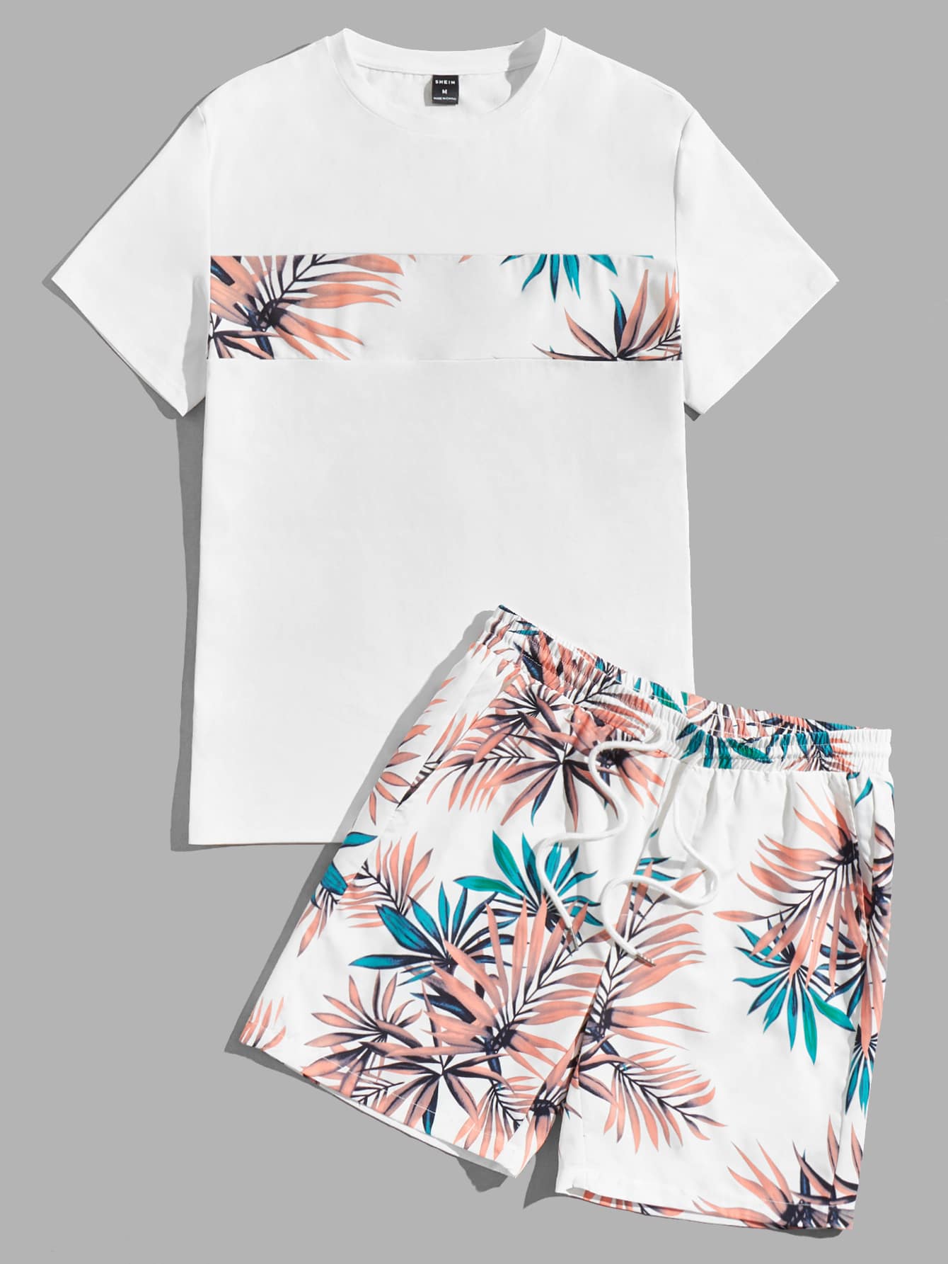 Мужская футболка и шорты Manfinity Chillmode в стиле пэчворк с короткими рукавами и принтом листьев, белый