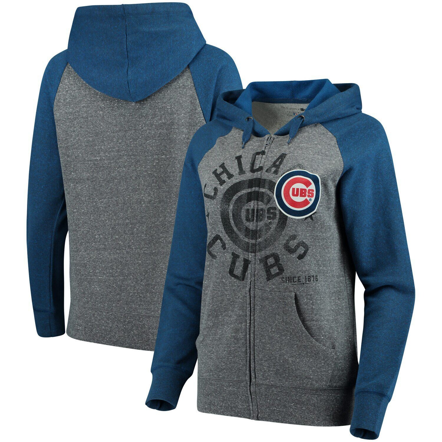 

Женская толстовка с молнией во всю длину 5th & Ocean от New Era Heathered Grey/Royal Chicago Cubs Tri-Blend из флиса реглан New Era