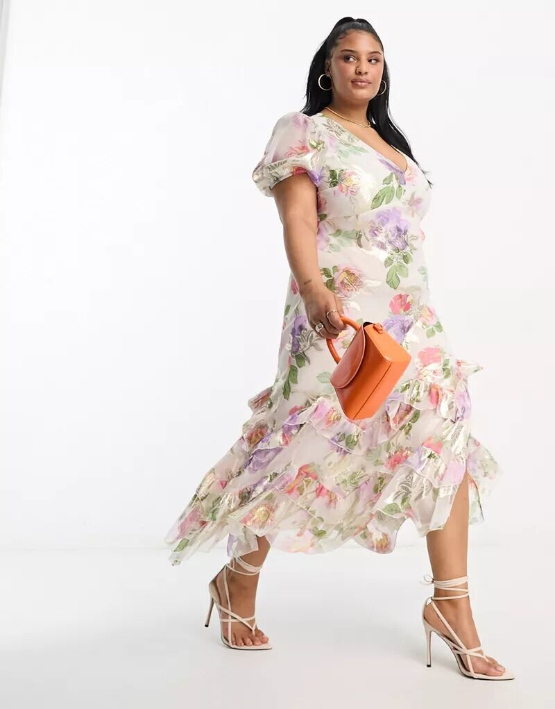 

Платье макси ASOS DESIGN Curve с принтом роз из люрекса и оборками по низу