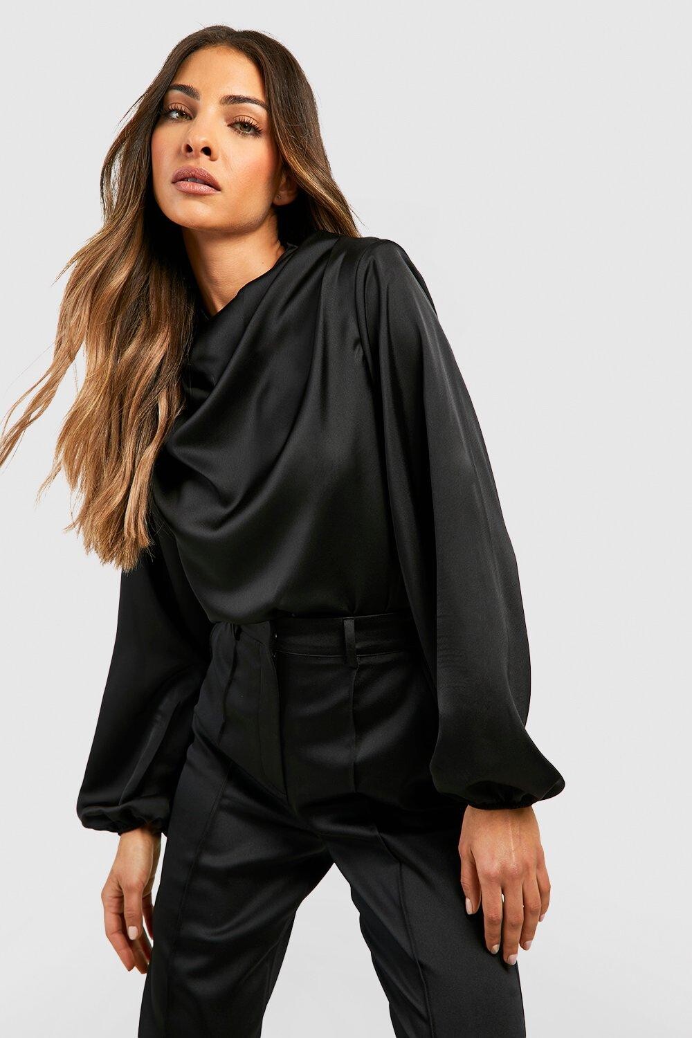 

Атласная блузка с драпированным вырезом и бухными рукавами Boohoo, черный
