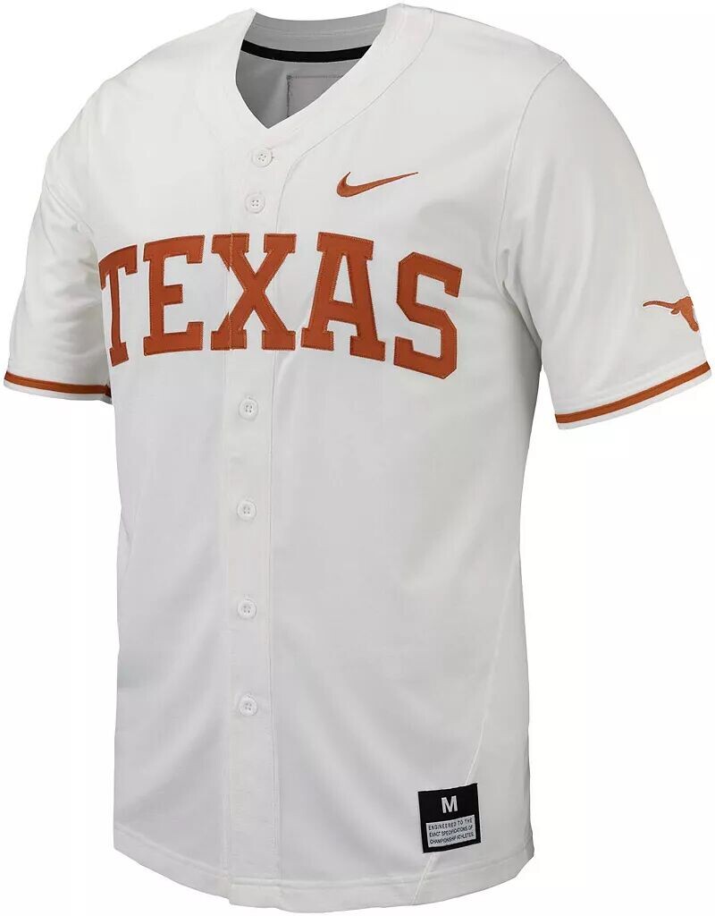

Мужская белая бейсбольная майка с длинными пуговицами Nike Texas Longhorns