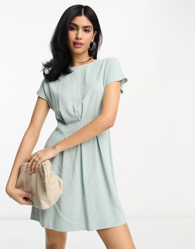 

Бледно-голубое льняное платье мини со сборкой на талии ASOS