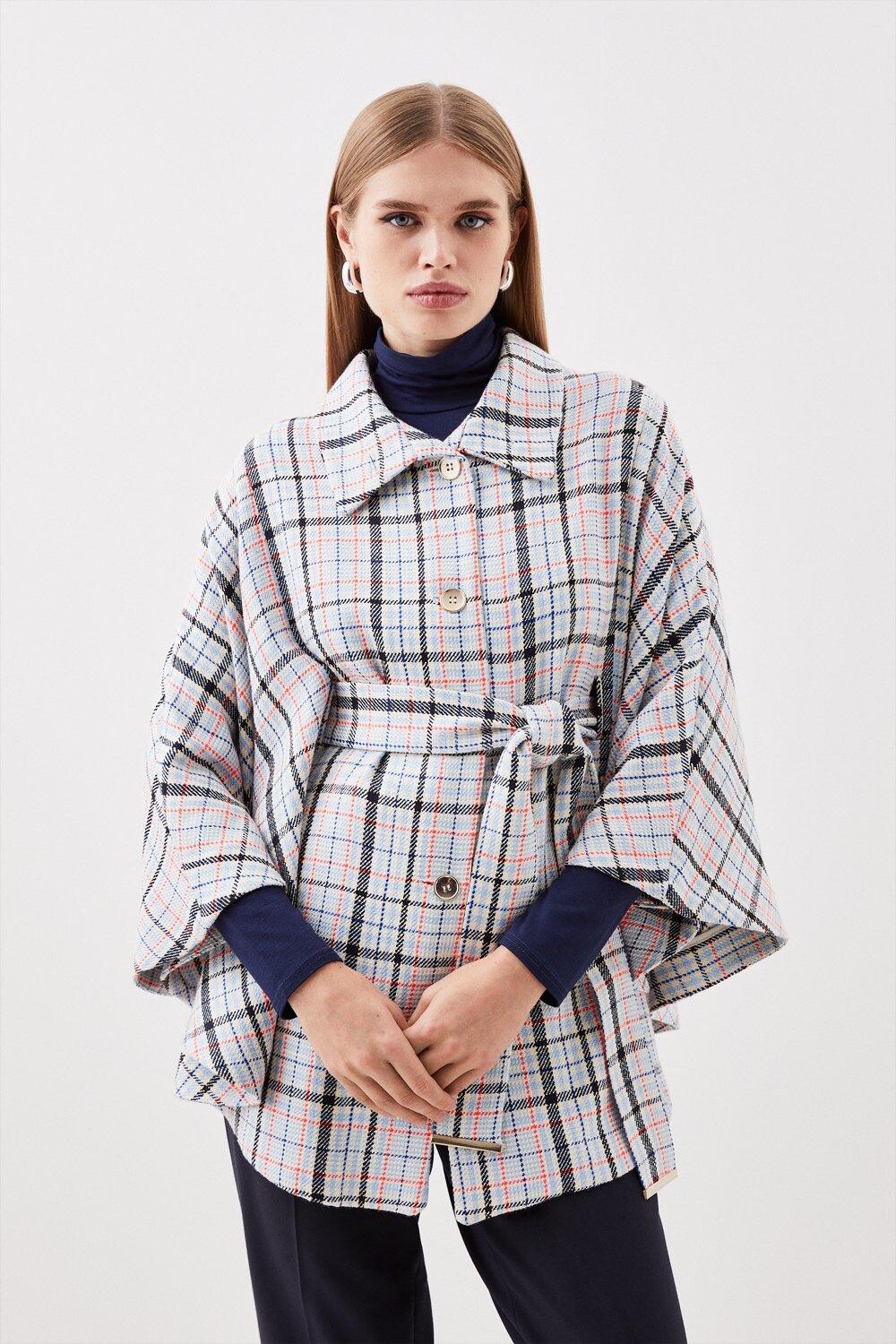 

Яркая твидовая накидка в клетку с поясом на заказ Karen Millen, мультиколор