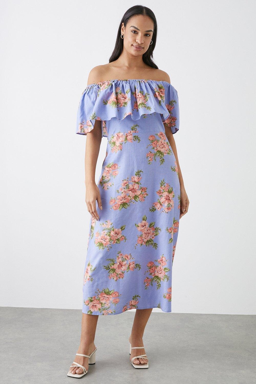 

Синее платье миди с открытыми плечами и цветочным принтом Dorothy Perkins, синий