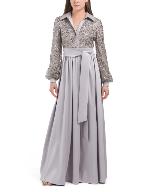 

Платье с воротником, топом с пайетками и завязкой на талии Badgley Mischka, цвет Smoke