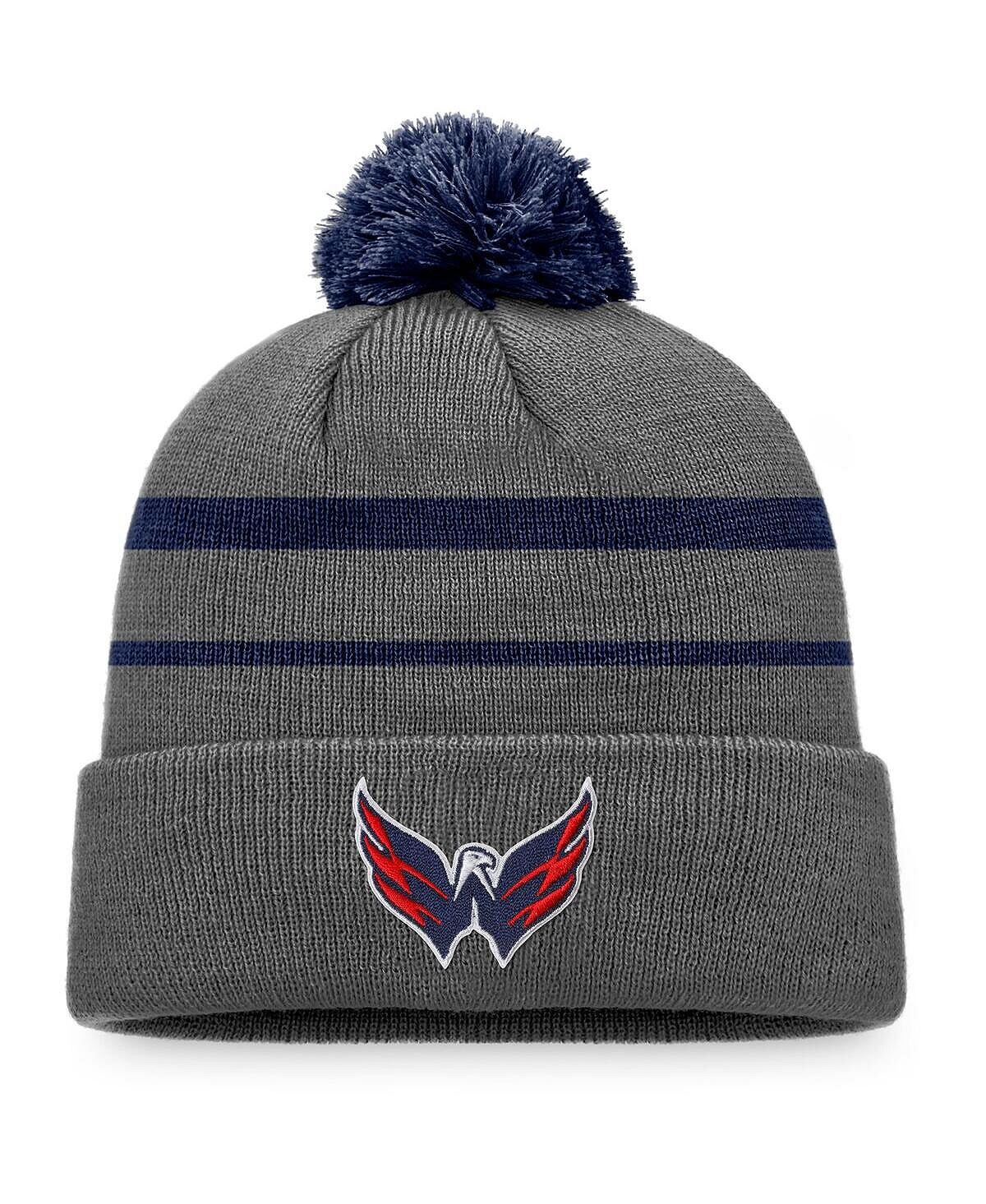 

Мужская фирменная темно-серая вязаная шапка Washington Capitals с манжетами и помпоном Fanatics