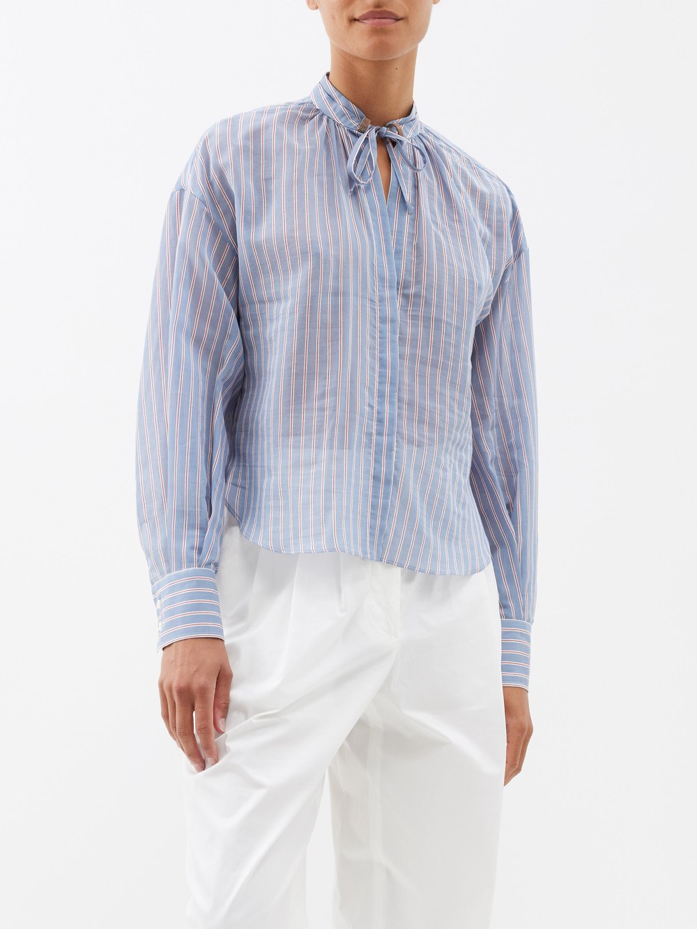 Полосатая рубашка из шелкового хлопка с воротником-стойкой Brunello Cucinelli, синий пуховик из хлопка в клетку brunello cucinelli kids мультиколор