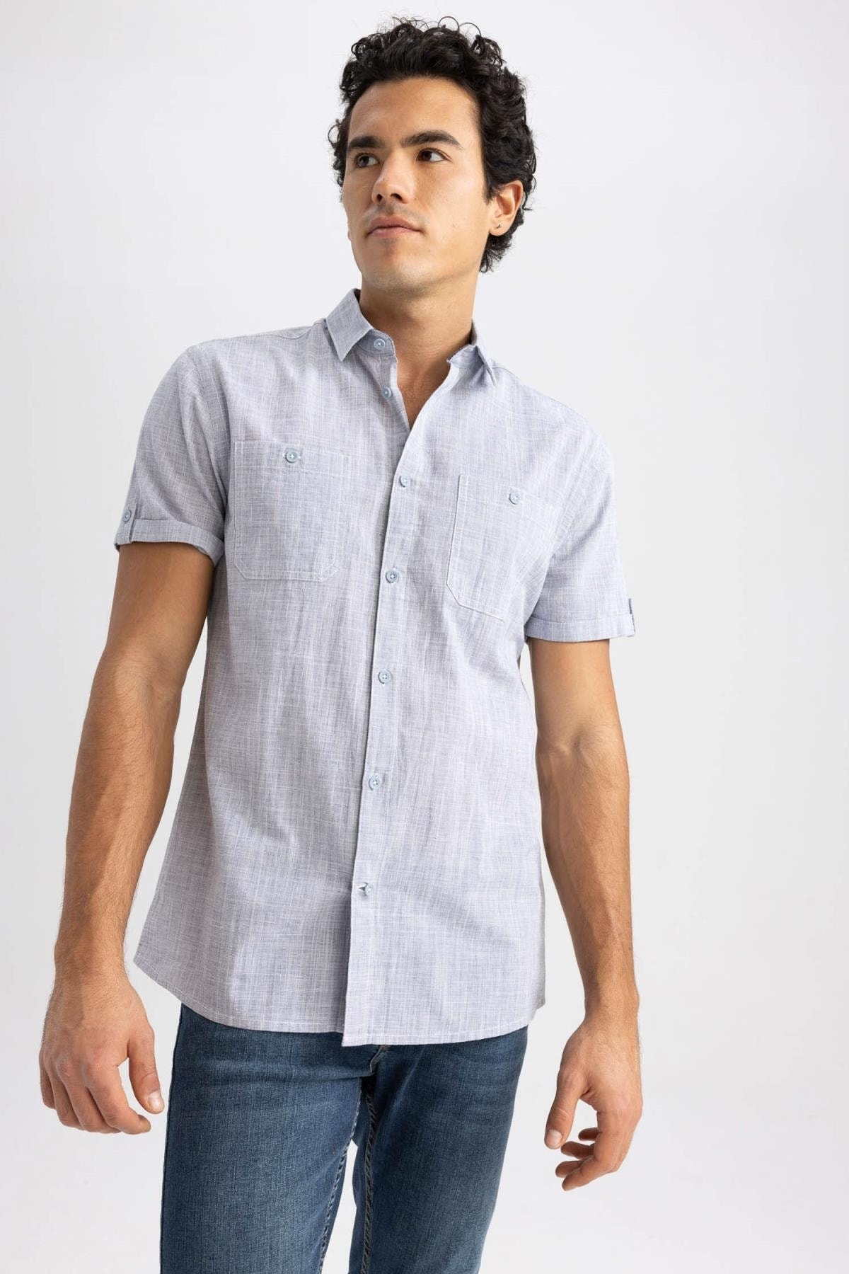 Рубашка Slim Fit из поплина с короткими рукавами DeFacto, синий базовая рубашка slim fit с короткими рукавами defacto хаки