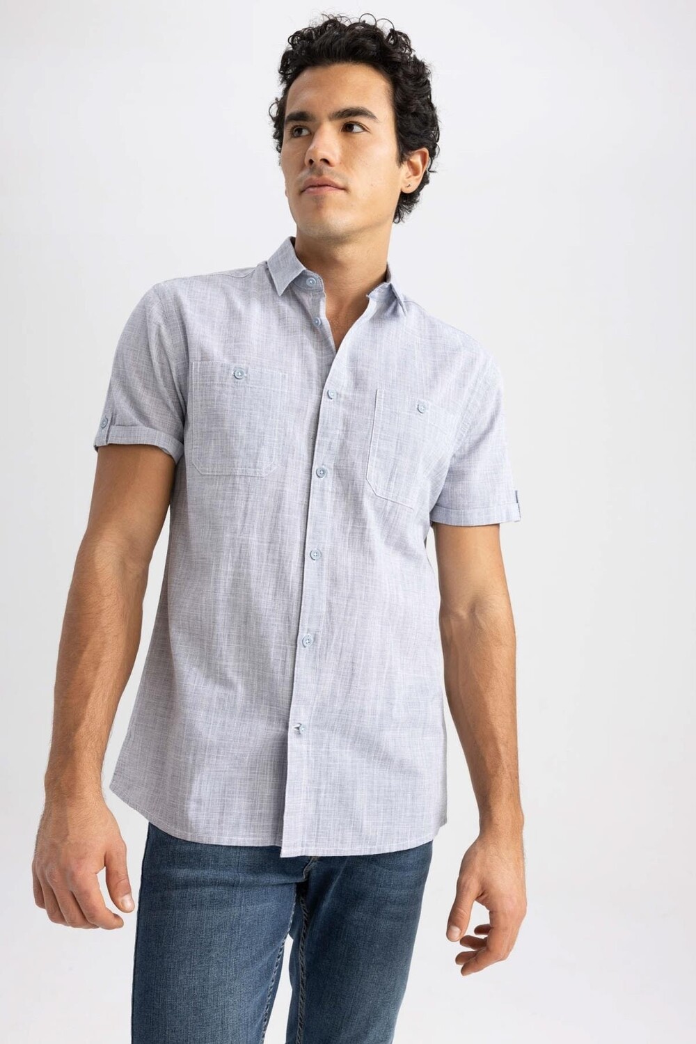 

Рубашка Slim Fit из поплина с короткими рукавами DeFacto, синий