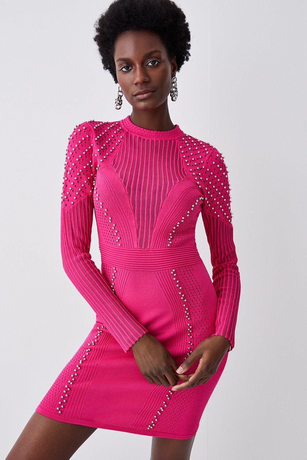 

Прозрачное трикотажное мини-платье с заклепками Karen Millen, розовый