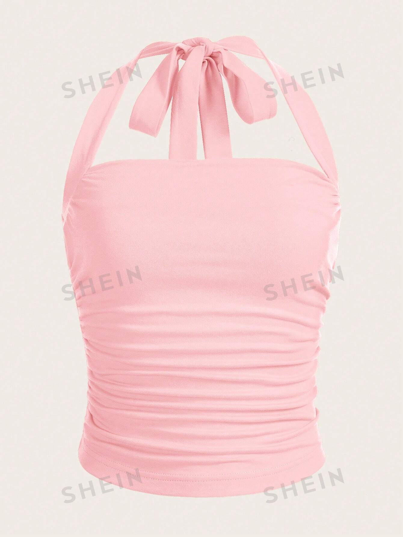 цена SHEIN EZwear Светло-розовый плиссированный топ с лямкой на шее, детский розовый