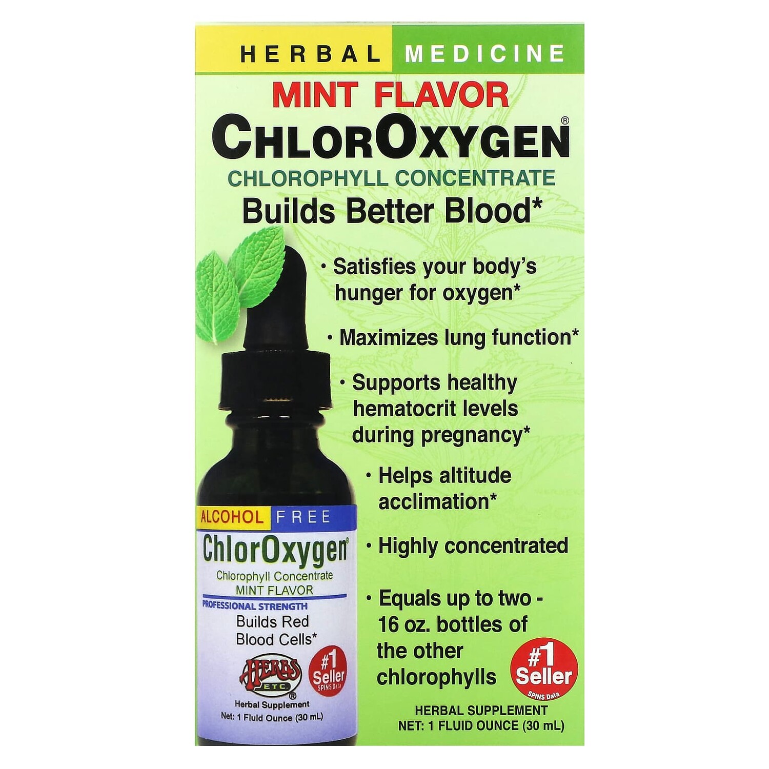 

ChlorOxygen, концентрат хлорофилла, без спирта, аромат мяты, 29,5 мл, Herbs Etc.