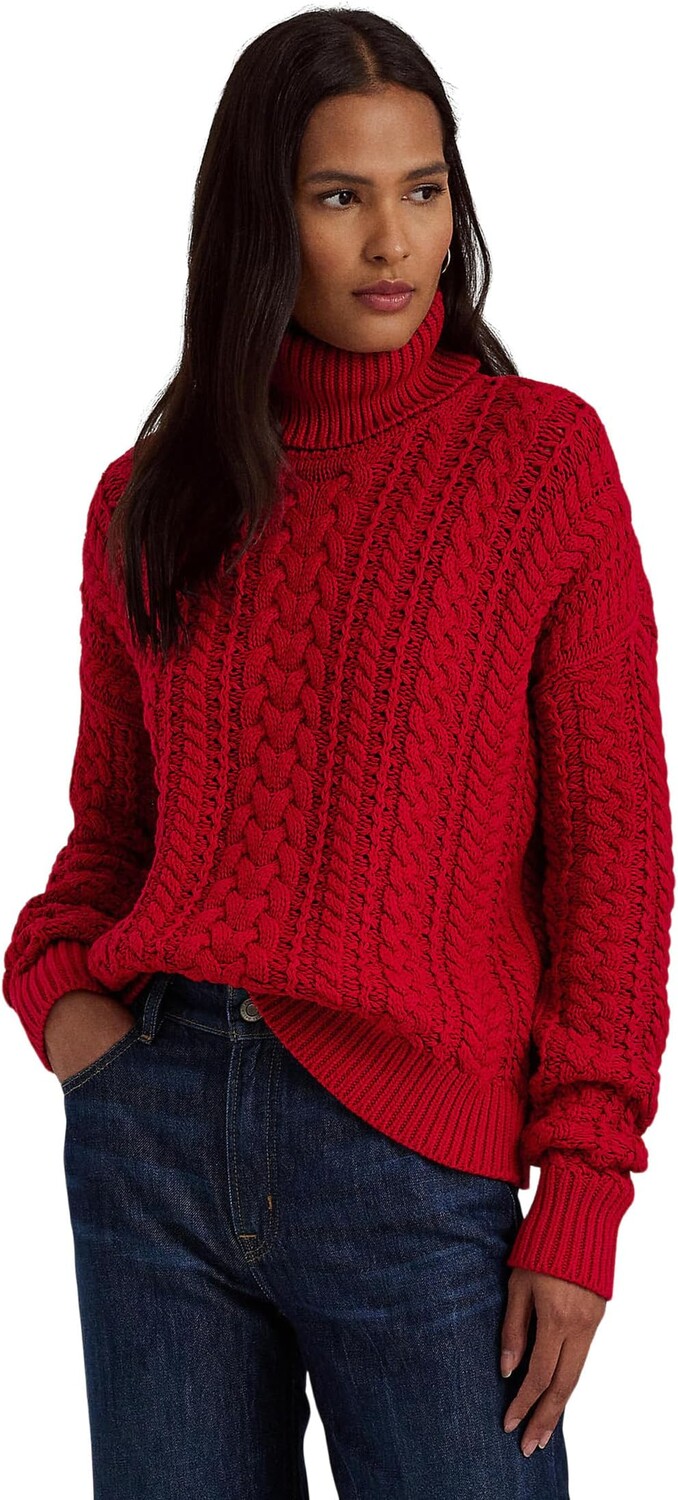 

Свитер Cable-Knit Cotton-Blend Turtleneck LAUREN Ralph Lauren, цвет Martin Red