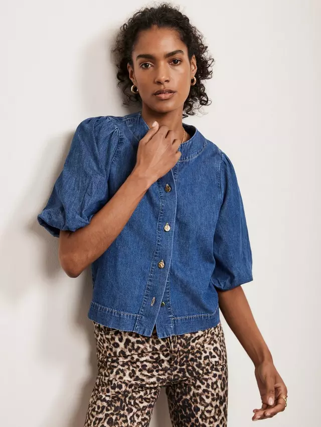 

Топ Mint Velvet Puff Sleeve Denim, синий
