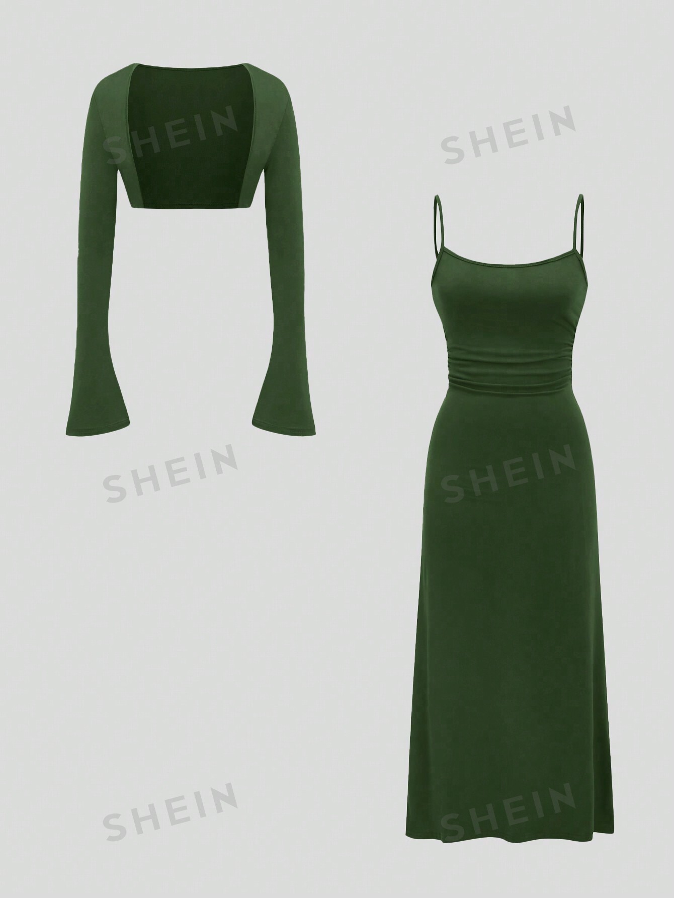 SHEIN MOD женское однотонное платье-комбинация с плиссированной талией и открытой передней частью с рукавами-колокольчиками, армейский зеленый цена и фото