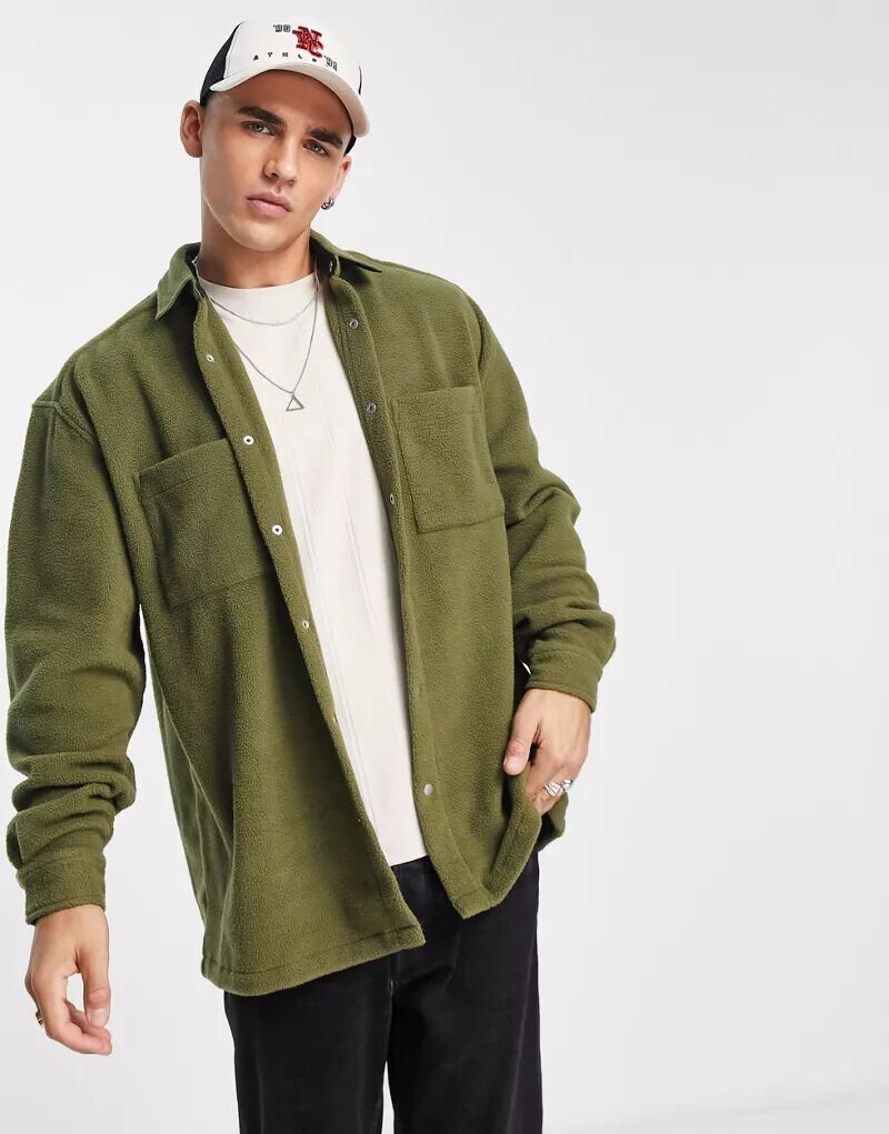 

Флисовая рубашка оверсайз цвета хаки ASOS