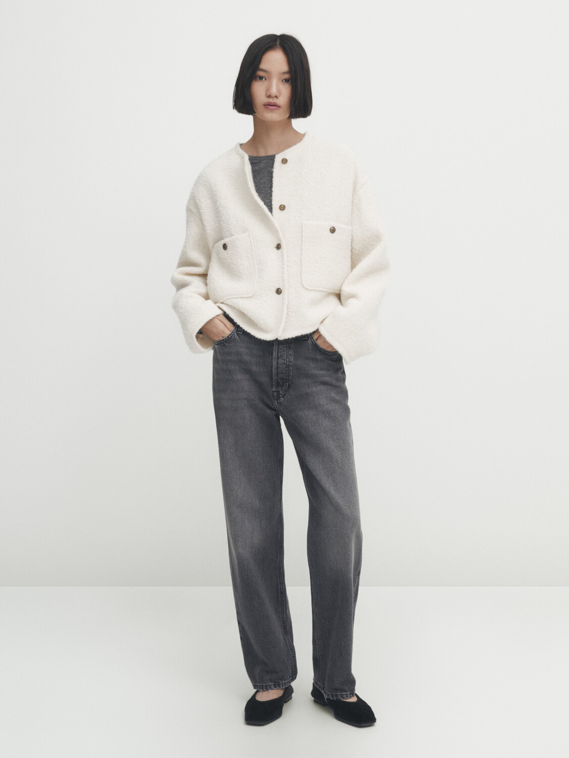 

Короткая куртка с стектурными плечами Massimo Dutti, кремовый, Бежевый