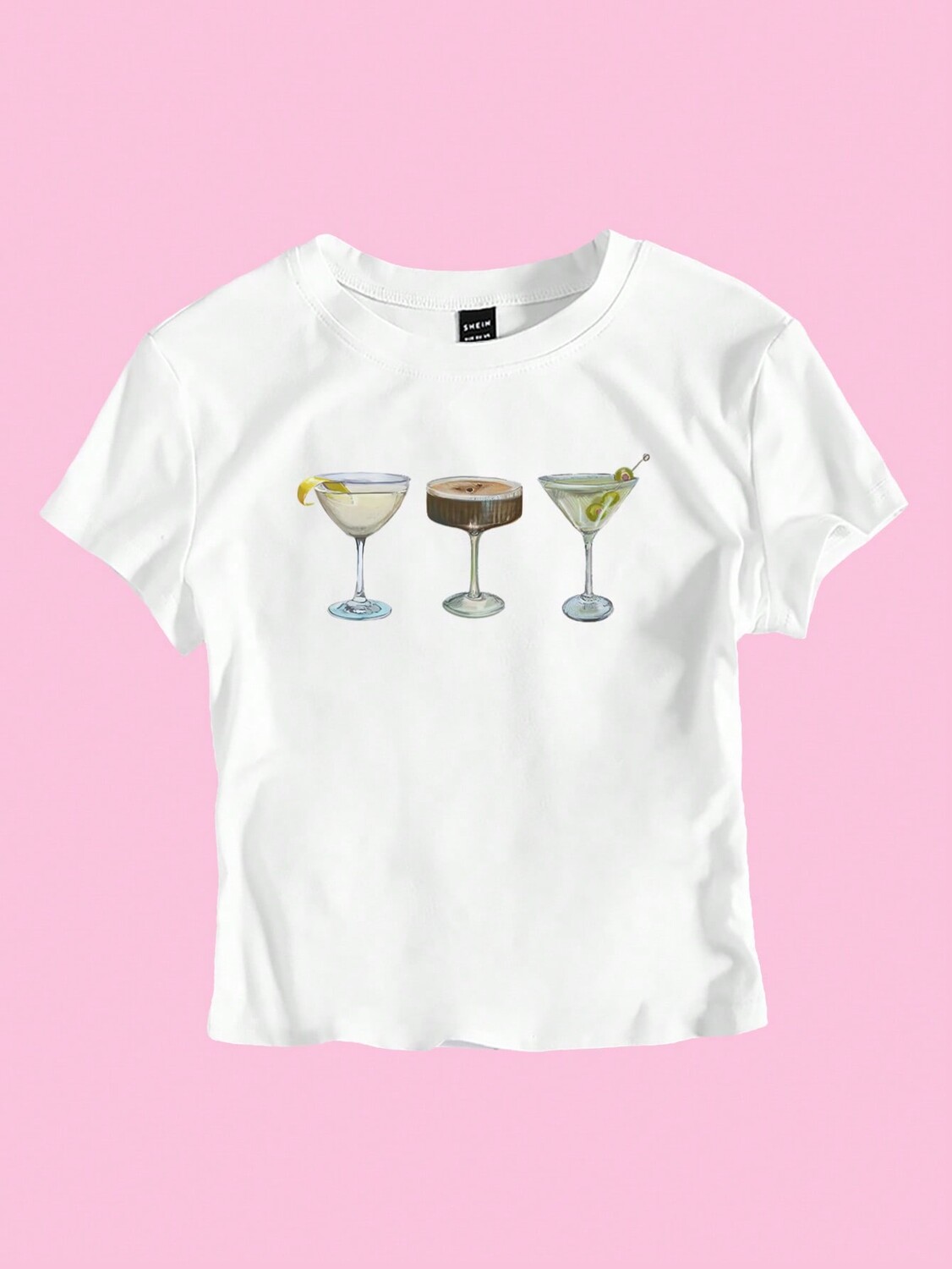 

SHEIN EZwear Футболка, коктейльный принт, короткий рукав, круглый вырез, белый цвет