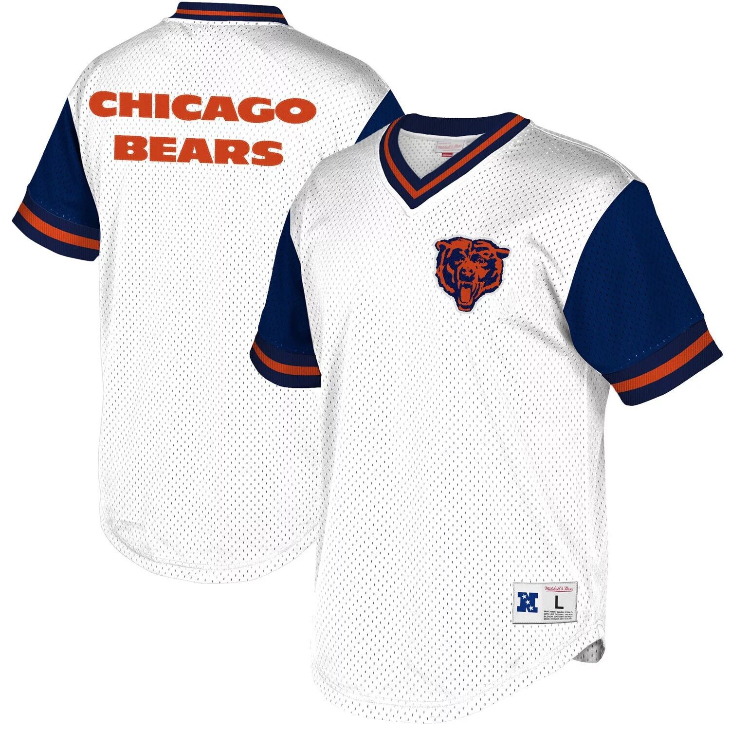 

Мужская футболка Mitchell & Ness белого/темно-синего цвета с сетчатым v-образным вырезом и историческим логотипом Chicago Bears