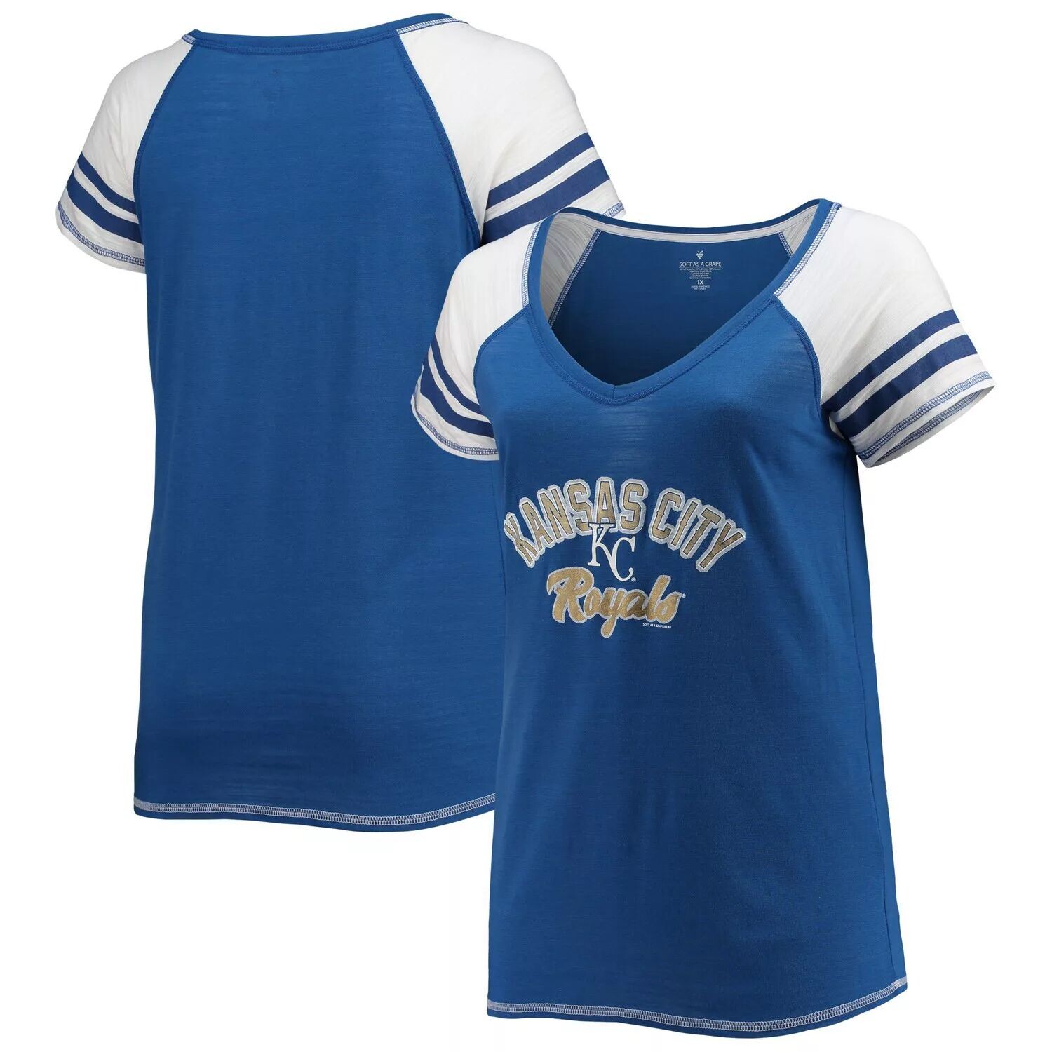 

Женская футболка Soft as a Grape Royal Kansas City Royals Curvy Colorblock Tri-Blend реглан с v-образным вырезом