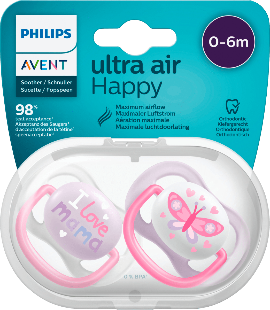 Соска Ultra Air Happy силиконовая розовая/фиолетовая 0-6 месяцев 2 шт. Philips