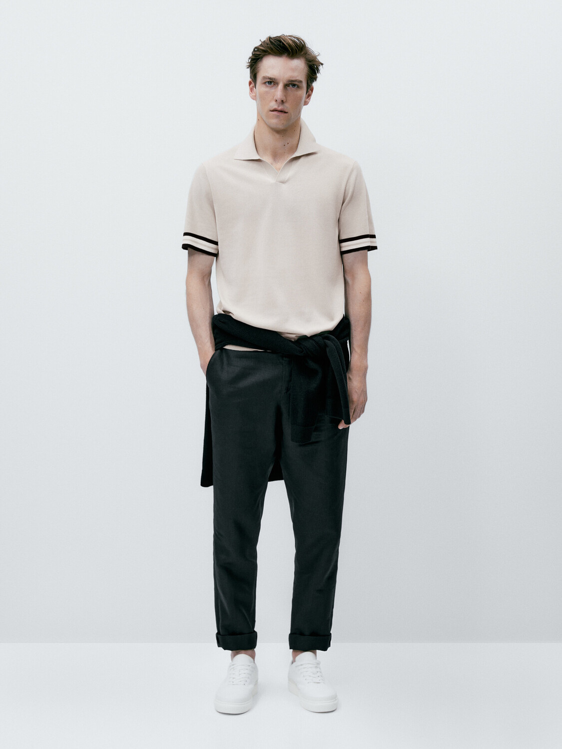 

Контрастный свитер поло с короткими рукавами Massimo Dutti, бежевый