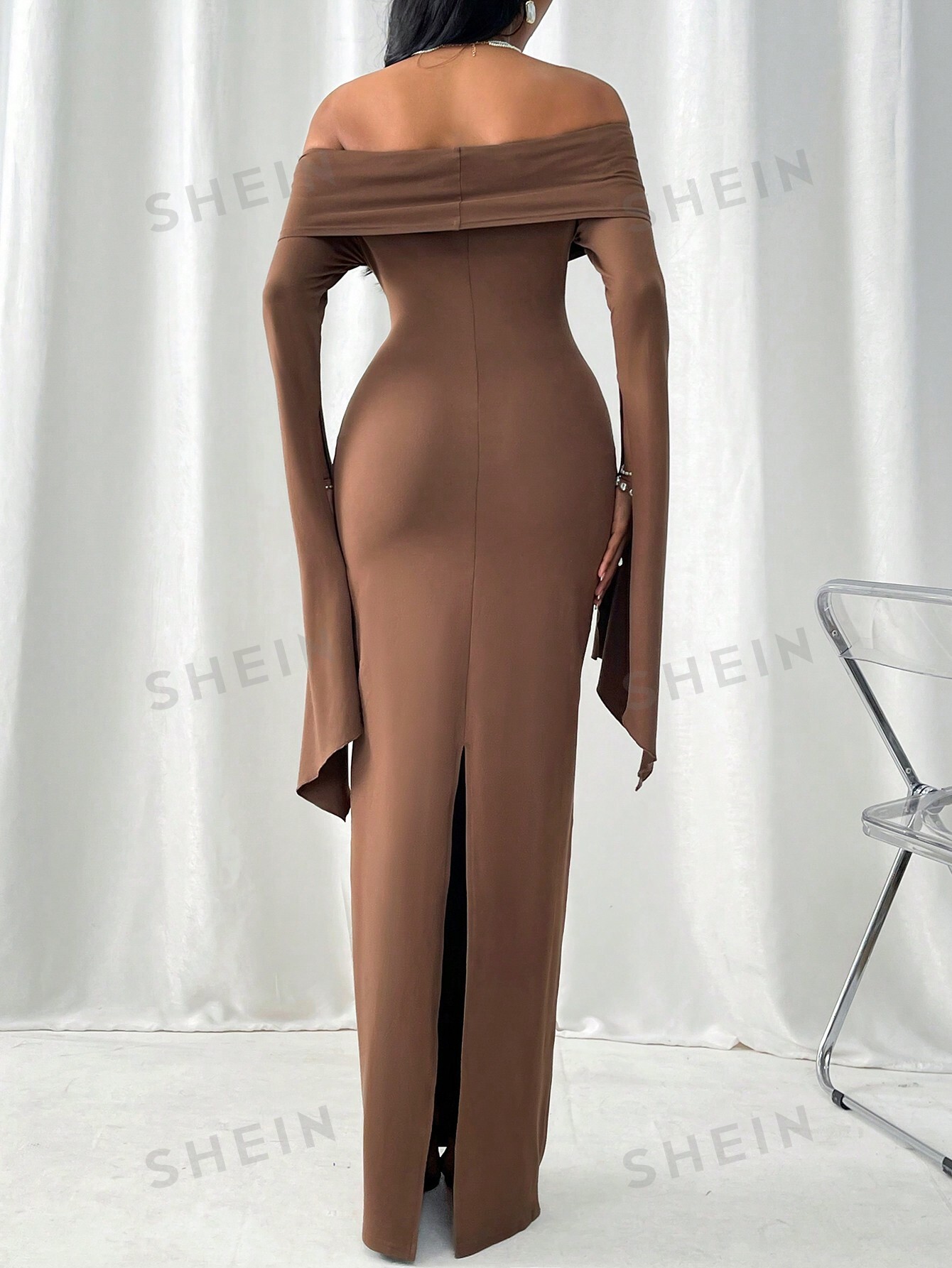 SHEIN Privé Женское плиссированное платье макси с открытыми плечами, коричневый